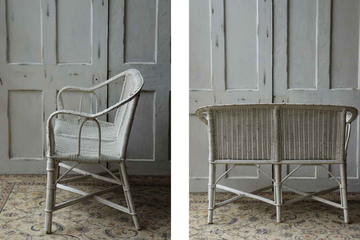 X322 フランスBrocante ホワイトペイントの籐ベンチ 椅子